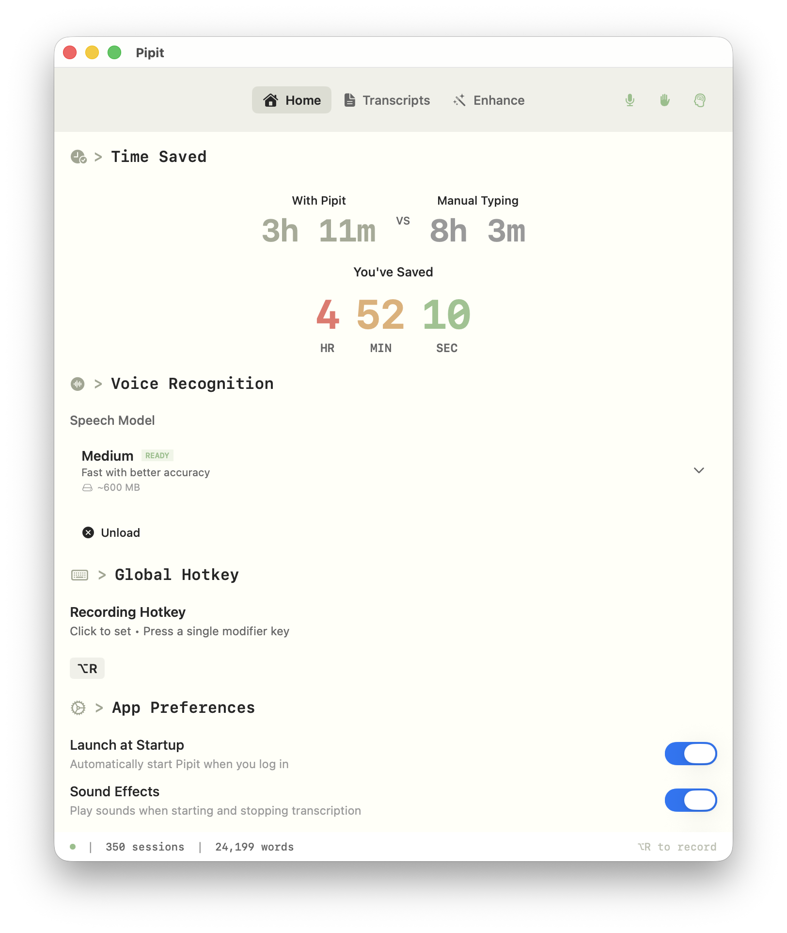 Pipit app interface showing settings and preferences