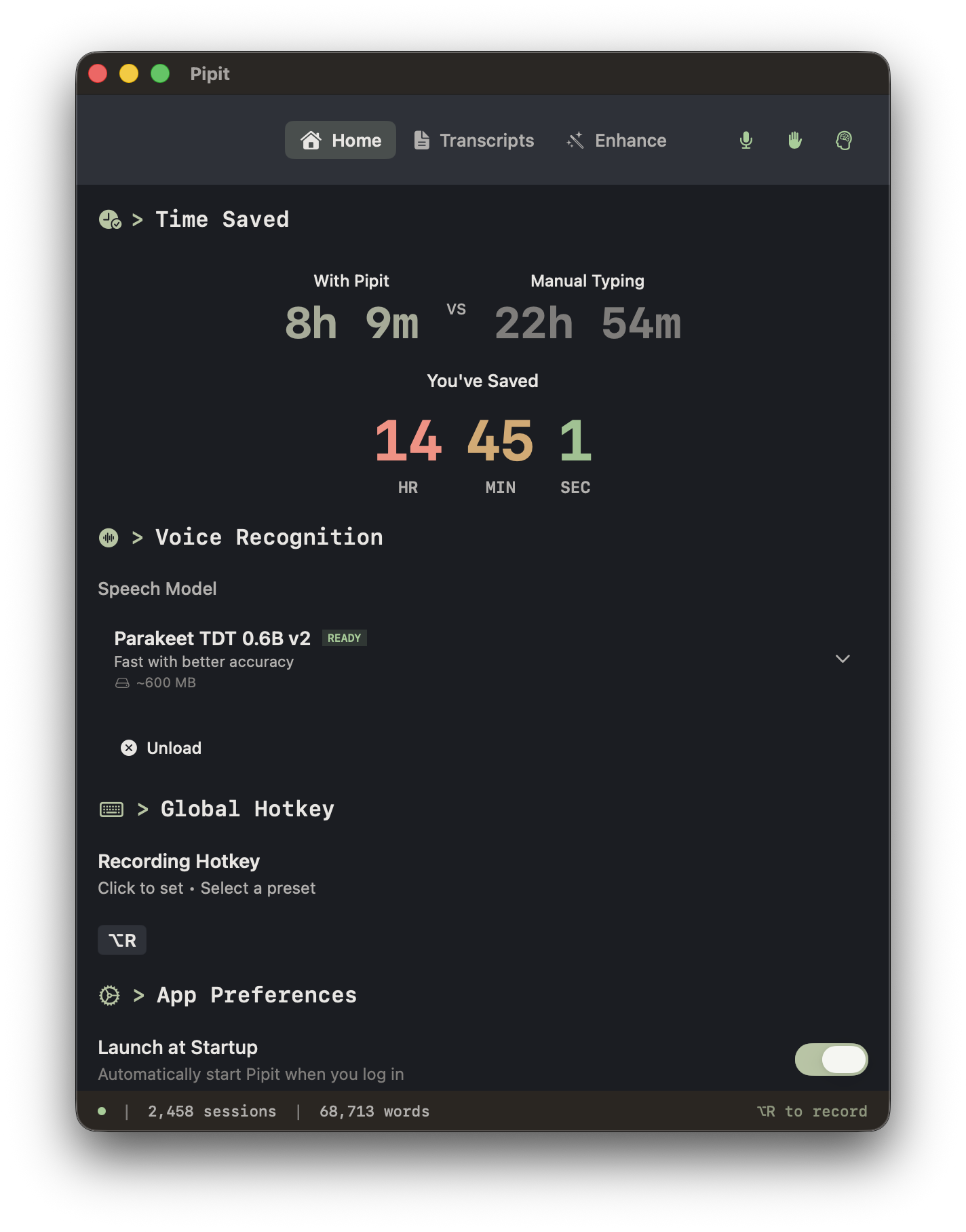 Pipit app interface showing voice transcription settings, clipboard history, and smart dictionary features on macOS